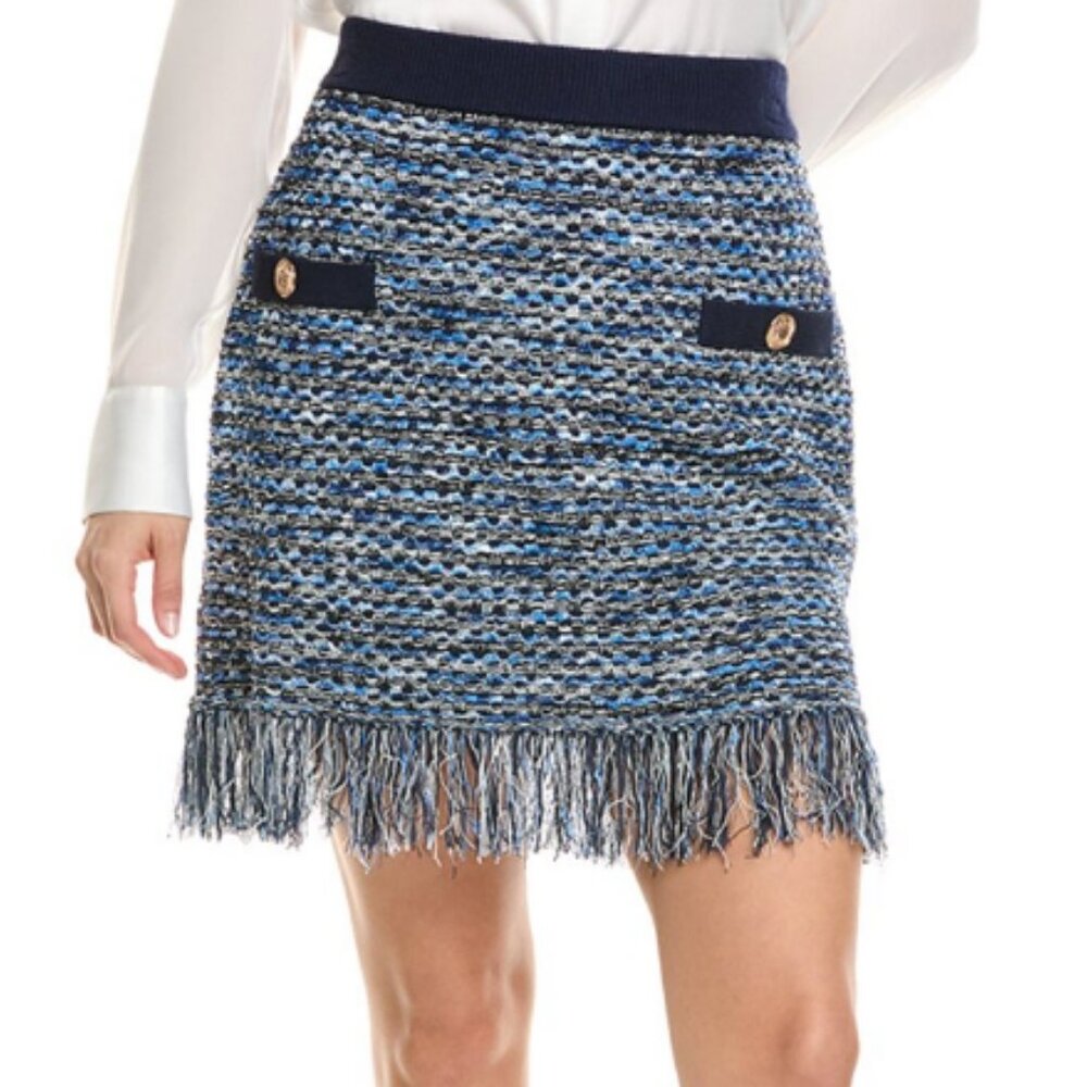 Milly Kali Blue Tweed Mini Skirt with Fringe - Large